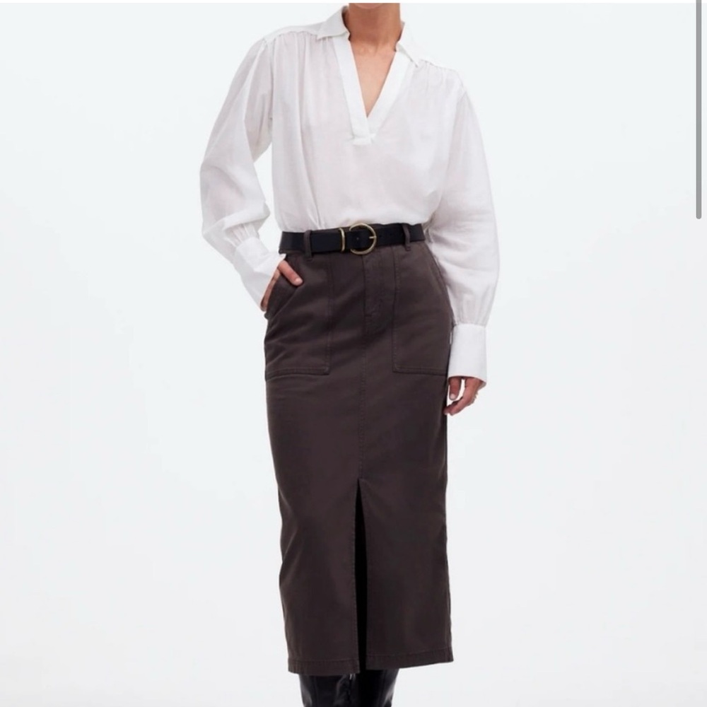 Madewell twill patch pocket cargo olive green midi skirt